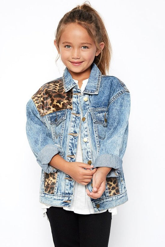 Girls oversized leopard denim jacket